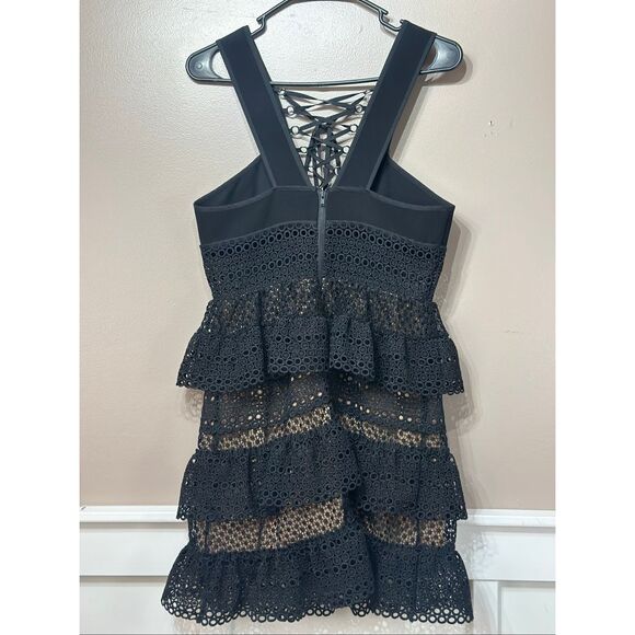 NWOT Self-Portrait Black Lace Up Ruffled Tiered Mini Dress Women's Size 8US - Picture 11 of 12